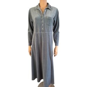 LL Bean Vintage Velour Velvet Long Sleeve Midi Dress Blue Womens Size 12